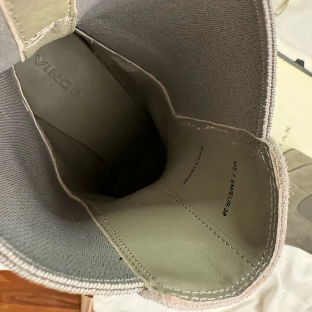 NWOT Vince. Grey suede square toe low block heel Chelsea boots size 7.5 or 38